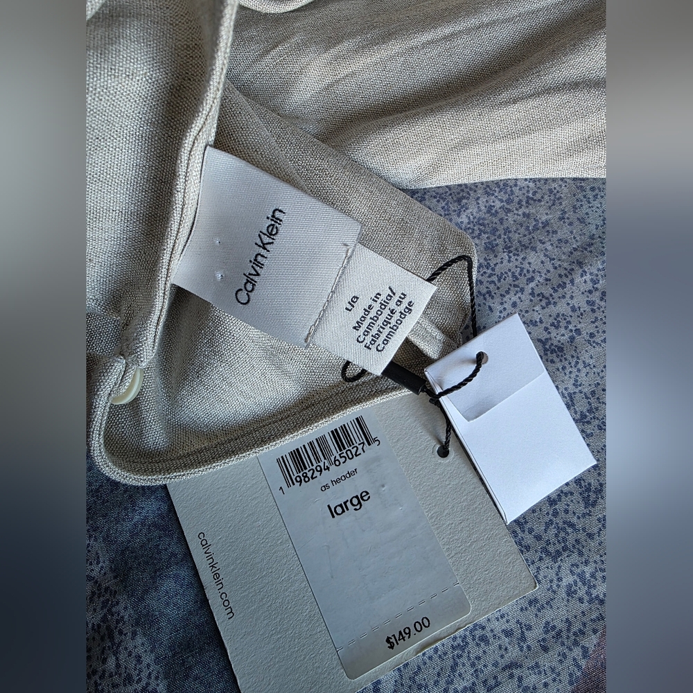 New Calvin Klein Linen Stretch Elegant Cream Midi Dress Large - Picture 7 of 13